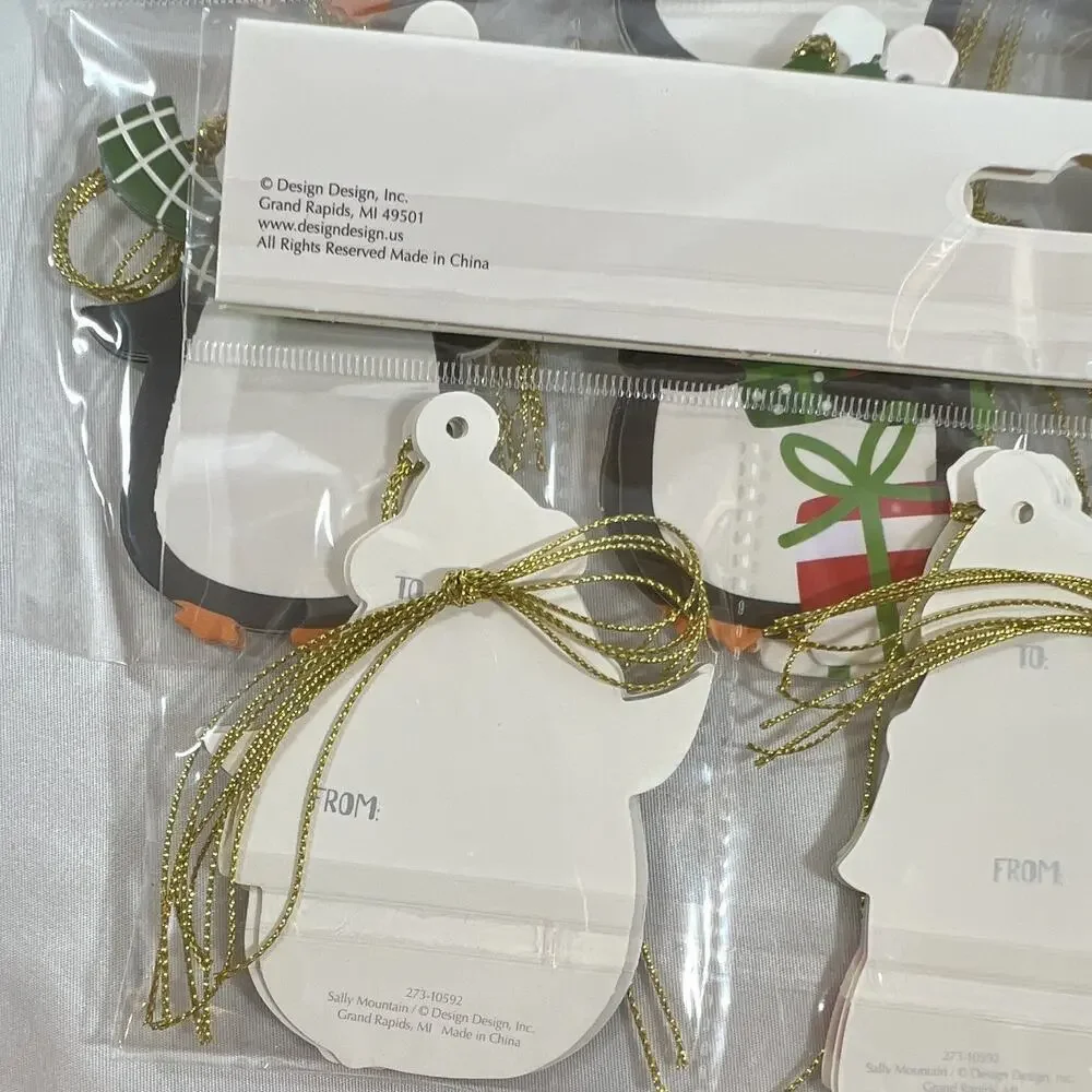 Design Design Christmas Penguin Gift Tags Gold String Polka Dot Plaid lot of 60